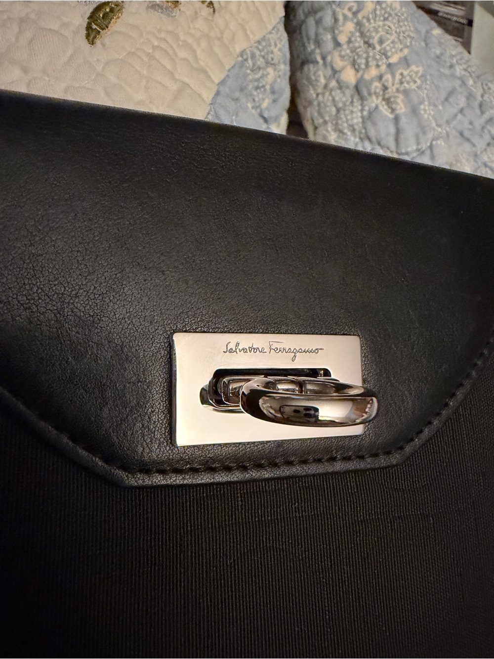 Salvatore Ferragamo Black Shoulder Wallet Bag with Silver Turn-Lock Hardware